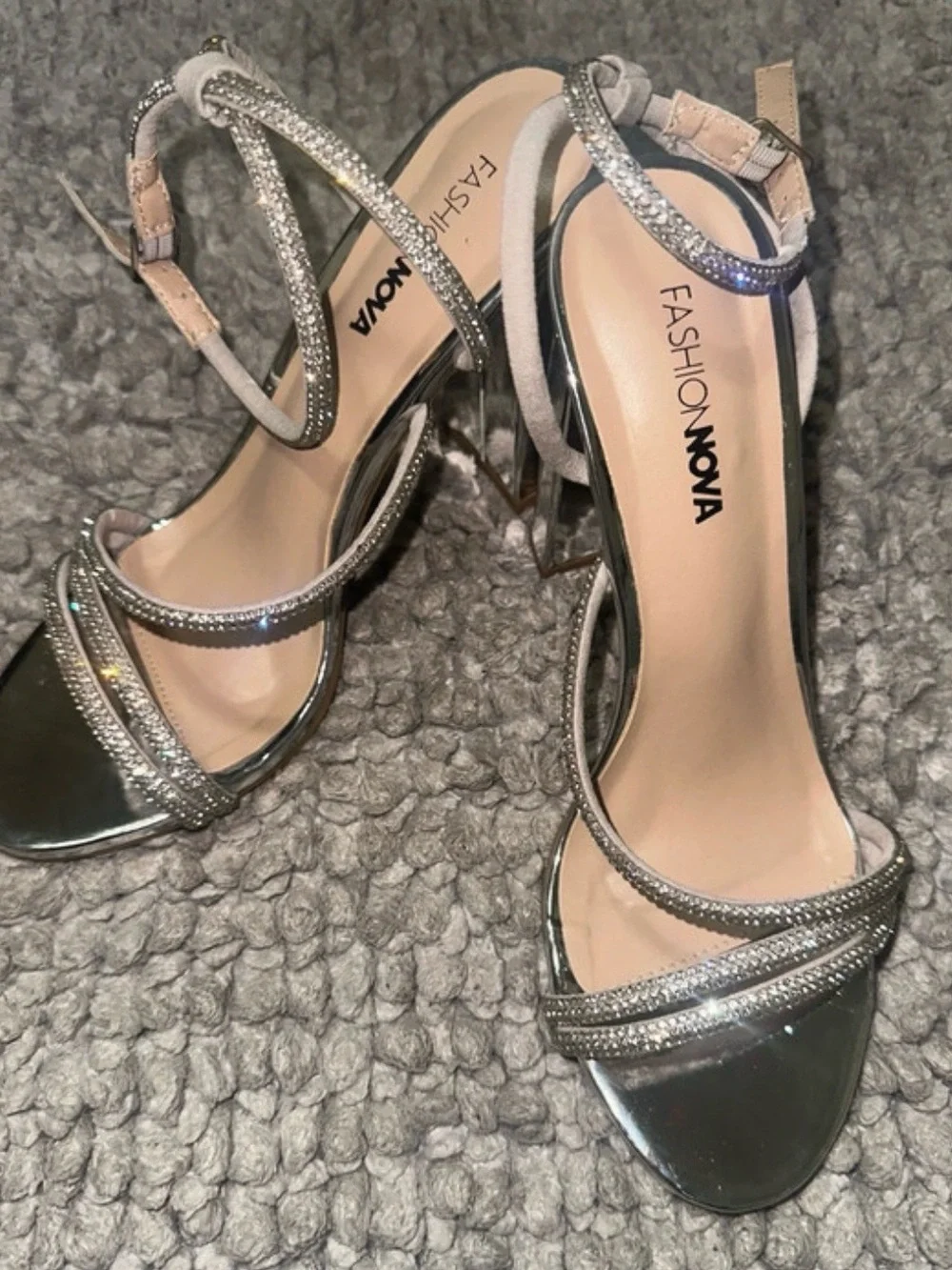 Fashion Nova Silver Rhinestone Strappy High Heels
